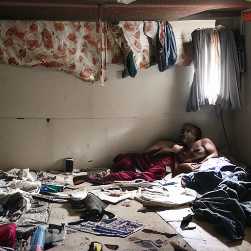 Generate an image of two men sleeping in dirty, cluttered rooms. The rooms are dimly lit and filled with scattered items such as clothes, food wrappers, and empty bottles. The men are sprawled out on grimy beds or on the floor, deep in sleep. The walls are peeling and there are holes in the ceiling. The overall atmosphere is one of neglect and neglect.