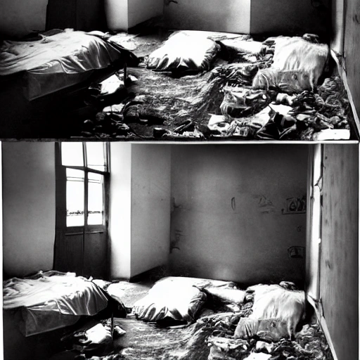 Generate an image of four men sleeping in dirty rooms, each in a separate room. The rooms are small, dark, and windowless, with only a single, sealed window. The men are all lying on dirty mattresses, with crumpled blankets covering them. The walls are peeling and the floors are stained, with piles of trash and discarded food containers scattered throughout the rooms. Despite the filth and squalor of their surroundings, the men sleep soundly, their faces peaceful and relaxed., Pencil Sketch