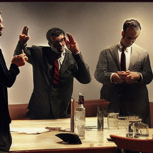 Generate an image of four men standing in a room, surrounded by dim lighting and a smoke-filled atmosphere. The men are deeply engaged in a heated discussion, gesturing passionately as they talk and occasionally pointing at one another. Their faces show signs of stress and determination, as if they're trying to come to a resolution about a crucial issue. The room is cluttered with old newspapers, empty beer bottles, and other signs of a recent party. Despite the disarray, the focus of the image is on the intense conversation between the four men.