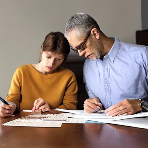 Generate an image of a man and a woman sitting at a small table, surrounded by scattered papers and pencils. The man and woman are focused on solving crossword puzzles together, with looks of determination and concentration on their faces. The room is dimly lit, with only a lamp on the table providing light. The atmosphere is quiet and contemplative, with a sense of teamwork and cooperation between the man and woman.