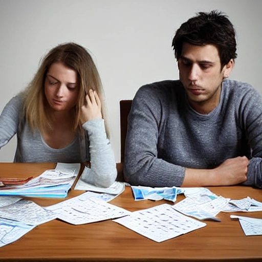 Generate an image of a man and a woman sitting at a cluttered and dirty table surrounded by piles of paper, books, and other mess. They are both focused on solving a crossword puzzle together, writing in pen on a sheet of paper in front of them. The room is dimly lit and there is a sense of intense concentration in the air.