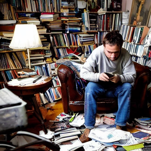 "Generate an image of a man sitting in a slightly cluttered room, reading a newspaper. He is seated in a comfortable chair and has a table next to him with a television and radio on top. The room is not as dirty as the previous image, but still has a sense of disarray with books and papers scattered about. The man appears focused and engrossed in his reading."