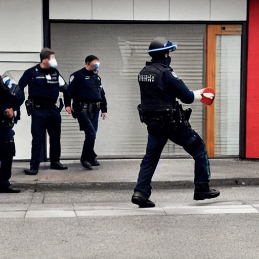 Generate an image of a group of police officers surrounding a building, with one officer holding a megaphone and shouting instructions to the others. Inside, a man is holding a hostage, but the police are able to successfully negotiate their release. The hostages are escorted out of the building, with the police officers forming a protective barrier around them. The atmosphere is tense, with a mix of relief and apprehension in the air as the hostages are freed and the situation is resolved.