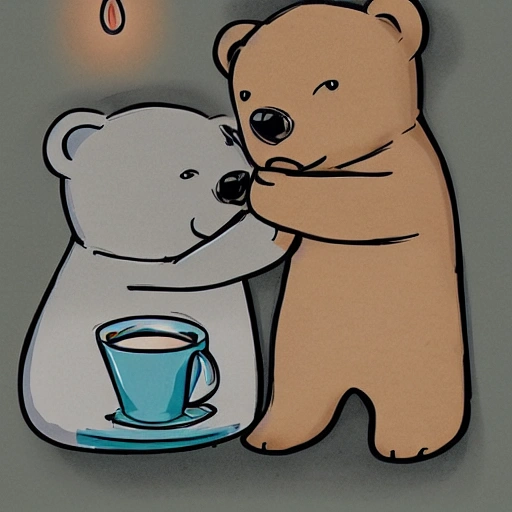 cute couple of animated bears in love male and female, drinking coffee in vintage coffee shop, sunlight filtering through the window creating a dappled effect In the style of Yoshitaka Amano and Hayao Miyazaki, masterpiece, proportional, detailed, artistic trend, beautiful lighting, intricate, award winning, 8k, Cartoon