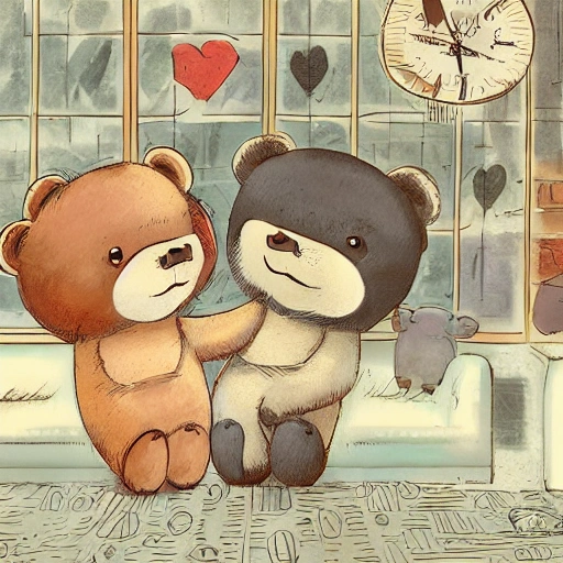 cute couple of animated bears in love male and female, in a coffe store, vintage,  sunlight filtering through the window creating a dappled effect In the style of Yoshitaka Amano and Hayao Miyazaki, masterpiece, proportional, detailed, artistic trend, beautiful lighting, intricate, award winning, 8k, Cartoon