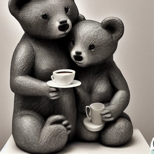 cute couple of animated bears in love male and female, in a coffe store, vintage,  sunlight filtering through the window creating a dappled effect In the style of Yoshitaka Amano and Hayao Miyazaki, masterpiece, proportional, detailed, artistic trend, beautiful lighting, intricate, award winning, 8k,, 3D