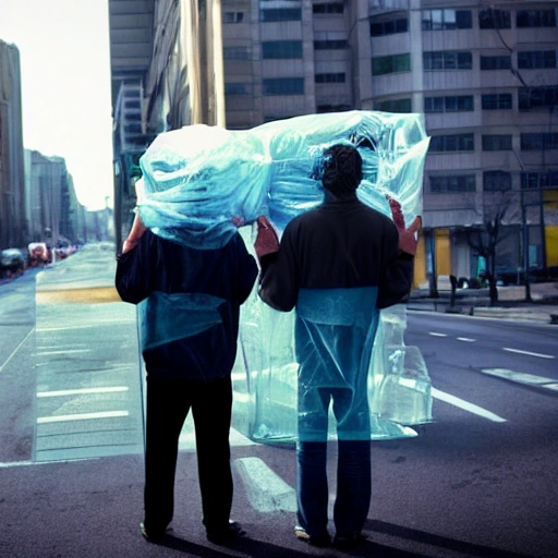 Generate an image of two men carrying a TV and a radio down the street. They are both dressed in dark clothing and one of them is looking over his shoulder, as if worried they will be caught. The TV and radio are covered in plastic wrap, suggesting they have just been stolen. The background should show a cityscape, with tall buildings and busy streets. The men are walking quickly and seem focused on their task.