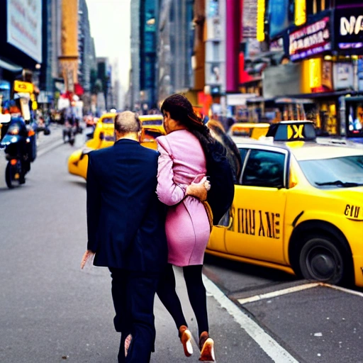 An image of a well-dressed man escorting a woman to a yellow taxi cab on a busy city street. The man has his hand on the woman's back, guiding her towards the car. The woman looks weary, but grateful for the man's assistance. The street is crowded with people and cars, and the buildings in the background are tall and bustling with activity.