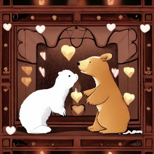 Saint Valentines very romantic cute furry couple of animated brown male bear an white female rabbit in love, in a coffe store vintage style, sunlight filtering through the window creating a dappled effect In the style of Yoshitaka Amano and Hayao Miyazaki, masterpiece, proportional, detailed, artistic trend, beautiful lighting, intricate, award winning, 8k,, 3D