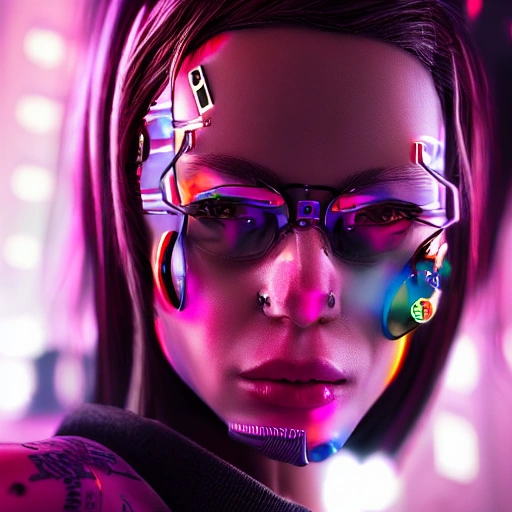 side close up portrait of 1 cyberpunk girl, detailed face, spotlight, cyberpunk city, wired, multicolored, vibrant high contrast, hyperrealistic, photografic, 8k, epic ambient light, octane render