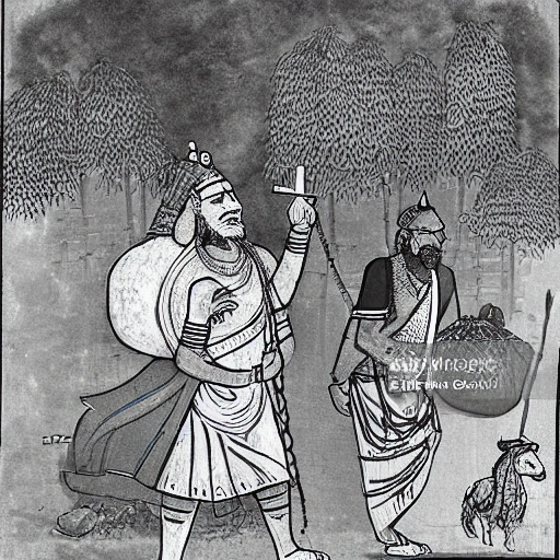 King Vikramadiya carrying dead body of an elderly men on his right shoulder, walking on dusty indian village road in mid night, Cartoon