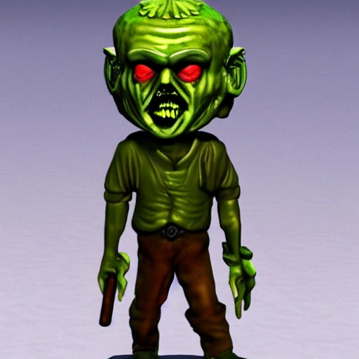 The green man looks like a zombie. Dressed in military uniform. Holds a weapon in his hands.
, 3D, Cartoon