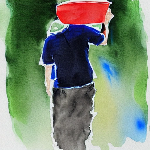 a men carrying bag on his head, Water Color