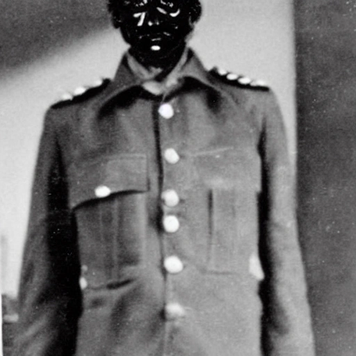 Strange Man looks like a zombie. Standing in full height. Dressed in a military uniform. Holds a machine gun in his hands. The face is clearly visible.