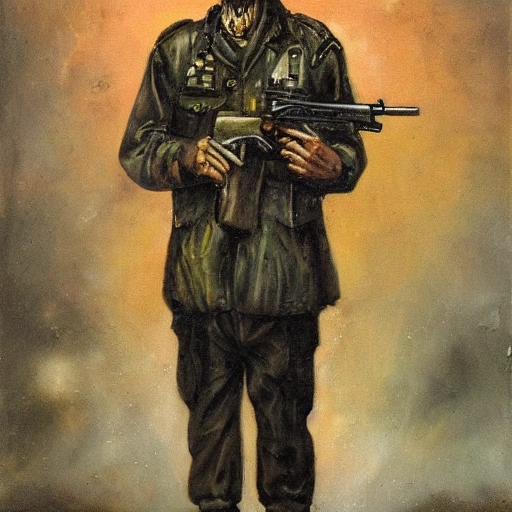 Strange Man looks like a zombie. Standing in full height. Dressed in a military uniform. Holds a machine gun in his hands. The face is clearly visible, Oil Painting