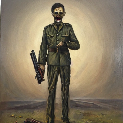 Strange Man looks like a zombie. Standing in full height. Dressed in a military uniform. Holds a machine gun in his hands. The face is clearly visible, Oil Painting