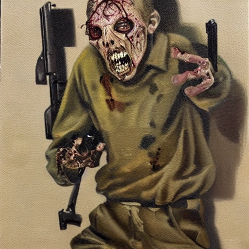 Strange Man looks like a zombie. Turned sideways. Dressed in a military uniform. Holds a machine gun in his hands. The face is clearly visible, Oil Painting