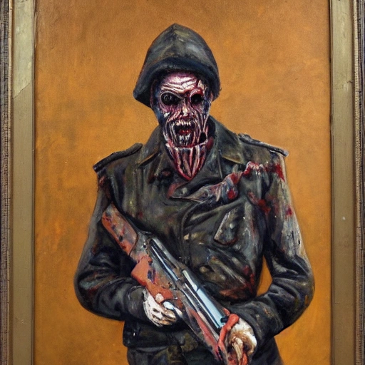 Strange Man looks like a zombie, dressed in a winter military uniform, holding a machine gun in his hands, Oil Painting