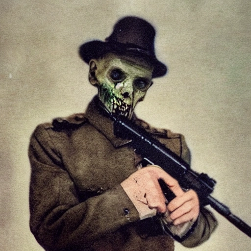 Strange Man looks like a zombie, dressed in a winter military uniform, holding a machine gun in his hands, Water Color