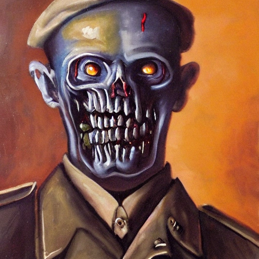 Strange Man looks like a zombie, dressed in a winter military uniform, holding a machine gun in his hands, Oil Painting