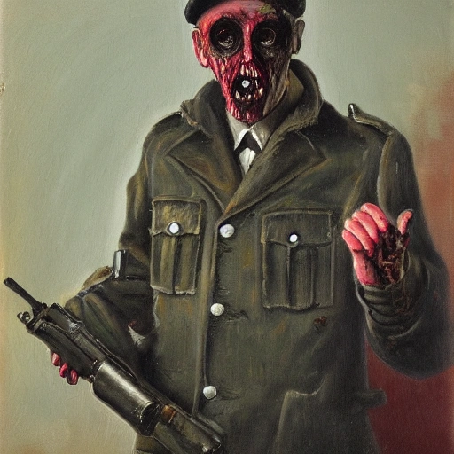 Strange Man looks like a zombie, dressed in a winter military uniform, holding a machine gun in his hands, Oil Painting