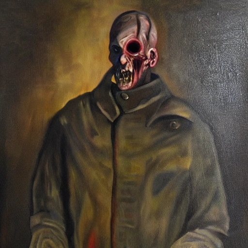 Strange Man looks like a zombie, dressed in a winter military uniform, holding a machine gun in his hands, Oil Painting