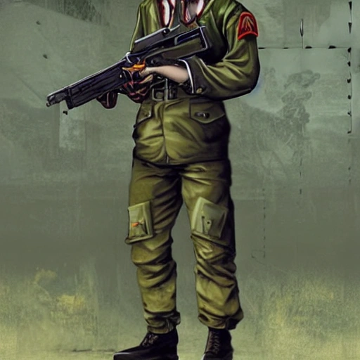 Strange Man looks like a zombie, dressed in a military uniform, standing at full height, everything is clearly visible
the body, similar to a game character, holds a machine gun in his hands.