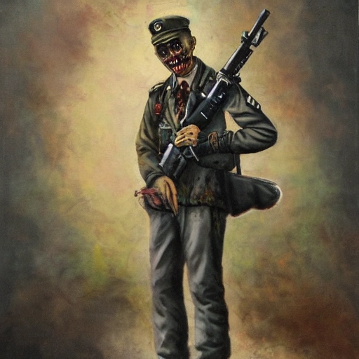 Strange Man looks like a zombie, dressed in a military uniform, standing at full height, everything is clearly visible
the body, similar to a game character, holds a machine gun in his hands., Oil Painting