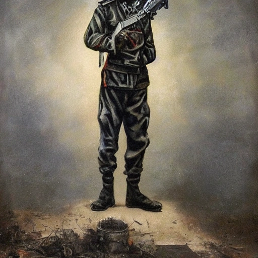 Strange Man looks like a zombie, dressed in a military uniform, standing at full height, everything is clearly visible
the body, similar to a game character, holds a machine gun in his hands., Oil Painting