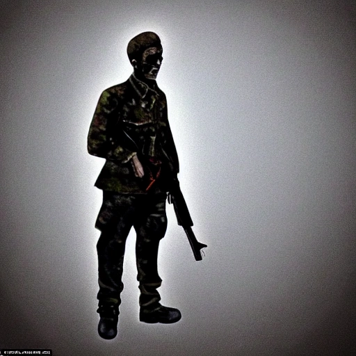 Strange Man looks like a zombie, dressed in a military uniform, standing at full height, everything is clearly visible
the body, similar to a game character, holds a machine gun in his hands