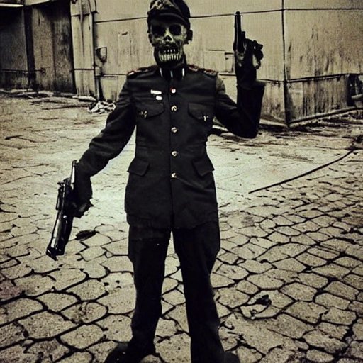 Strange Man looks like a zombie, dressed in a military uniform, standing at full height, everything is clearly visible
the body, similar to a game character, holds a machine gun in his hands