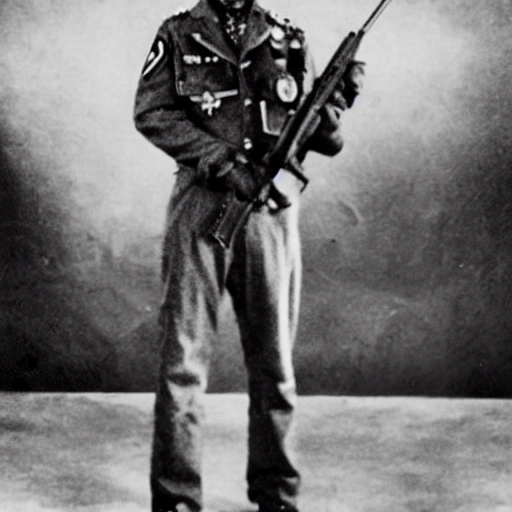 Strange Man looks like a zombie, dressed in a military uniform, standing at full height, everything is clearly visible
the body, similar to a game character, holds a machine gun in his hands