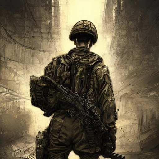 Award-winning 4K digital painting in the style of Yoshitaka Amano, A detailed and intricate image of a man in military uniform with a machine gun in hand, masterfully conveys the chaos and drama of the scene, Beautiful lighting and cinematic composition make this piece a true masterpiece popular on artstation