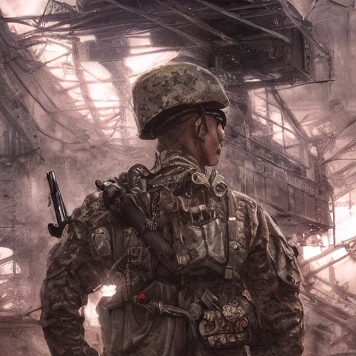 Award-winning 4K digital painting in the style of Yoshitaka Amano, A detailed and intricate image of a man in military uniform with a machine gun in hand, masterfully conveys the chaos and drama of the scene, Beautiful lighting and cinematic composition make this piece a true masterpiece popular on artstation