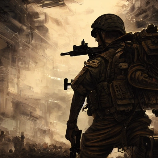 Award-winning 4K digital painting in the style of Yoshitaka Amano, A detailed and intricate image of a man in military uniform with a machine gun in hand, masterfully conveys the chaos and drama of the scene, Beautiful lighting and cinematic composition make this piece a true masterpiece popular on artstation