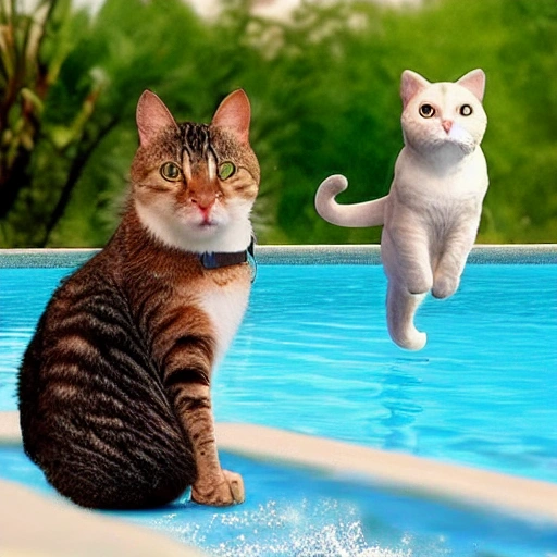 Two cats are scared by the fish that jumps out of the pool, 3D