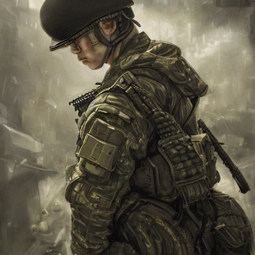 Award-winning 4K digital painting in the style of Yoshitaka Amano, A detailed and intricate image of a man in military uniform with a machine gun in hand, masterfully conveys the chaos and drama of the scene, Beautiful lighting and cinematic composition make this piece a true masterpiece popular on artstation