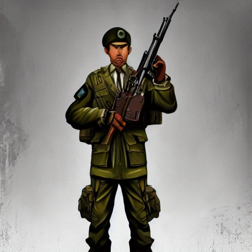 Award-winning digital art of game character, Game character human, Dressed in military uniform, holding a machine gun, 2d illustration, detailed face, standing full length, 4k quality