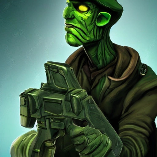 Award-winning digital art of game character, Game character strange man, Green skin, Dressed in military uniform, holding a machine gun, 2d illustration, detailed face, standing full length, 4k quality