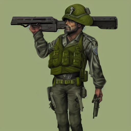 Award-winning digital art of game character, Game character strange man, Green skin, Dressed in military uniform, holding a machine gun, 2d illustration, detailed face, standing full length, 4k quality