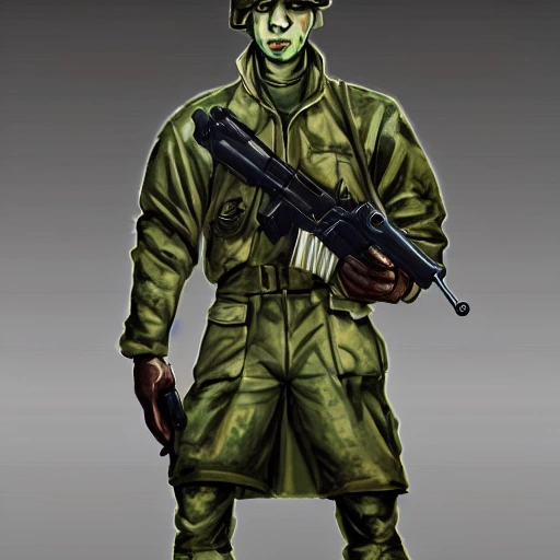 Award-winning digital art of game character, Game character strange man, Green skin, Dressed in military uniform, holding a machine gun, 2d illustration, detailed face, standing full length, 4k quality