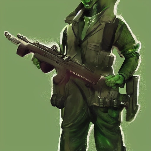 Award-winning digital art of game character, Game character strange man, Green skin, Dressed in military uniform, holding a machine gun, 2d illustration, detailed face, standing full length, 4k quality