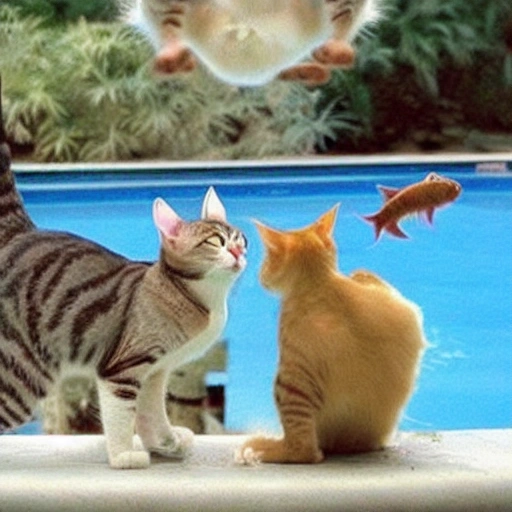 two cats jump up because the fish jump out from the pool, Trippy