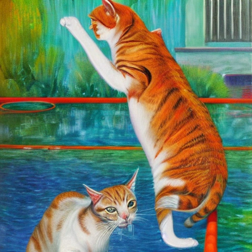 two cats jump up because the fish jump out from the pool, Trippy, Oil Painting
