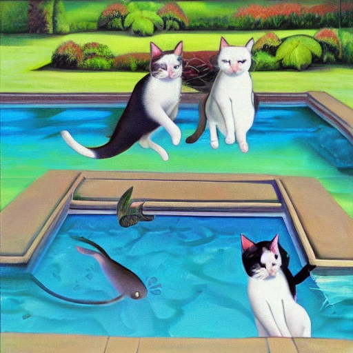 two cats jump up because the fish jump out from the pool, Trippy, Oil Painting, 3D