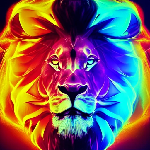 arcane style, neon, lion profile, digital art, 8k, 4:3 format, futuristic lion, animal, half body, floating head, upside down head, head turned upside down