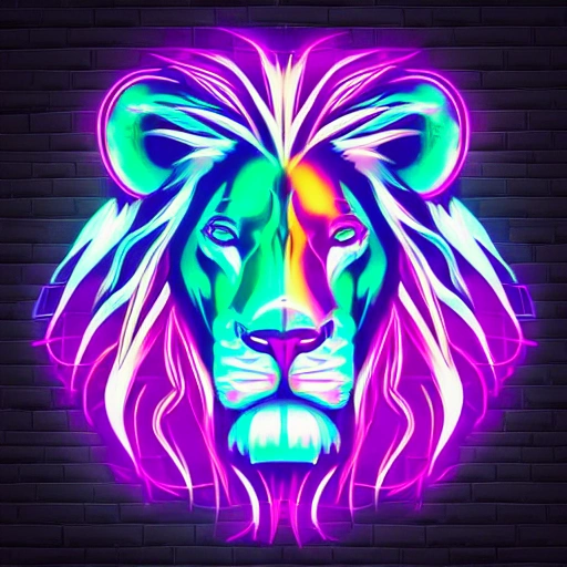 arcane style, neon, lion profile, digital art, 8k, futuristic lion, animal, half body, floating head, upside down head, head turned upside down