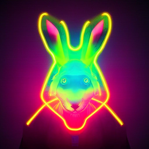 arcane style, neon, rabbit profile, digital art, 8k, futuristic rabbit, animal, half body, floating head, upside down head, head turned upside down