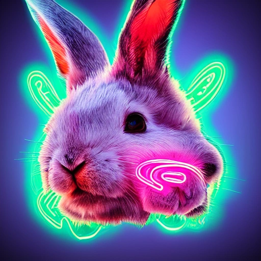 arcane style, neon, rabbit profile, digital art, 8k, futuristic rabbit, animal, half body, floating head, upside down head, head turned upside down