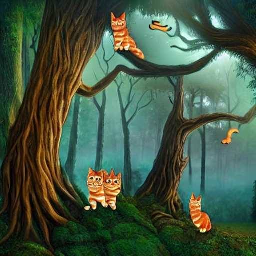 scary mystical forest with flying cats